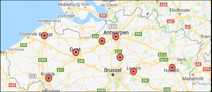 Kaart van Vlaanderen met bolletjes op Brugge, Kortrijk, Gent, Mechelen, Antwerpen, Leuven, Hasselt en Sint-Niklaas