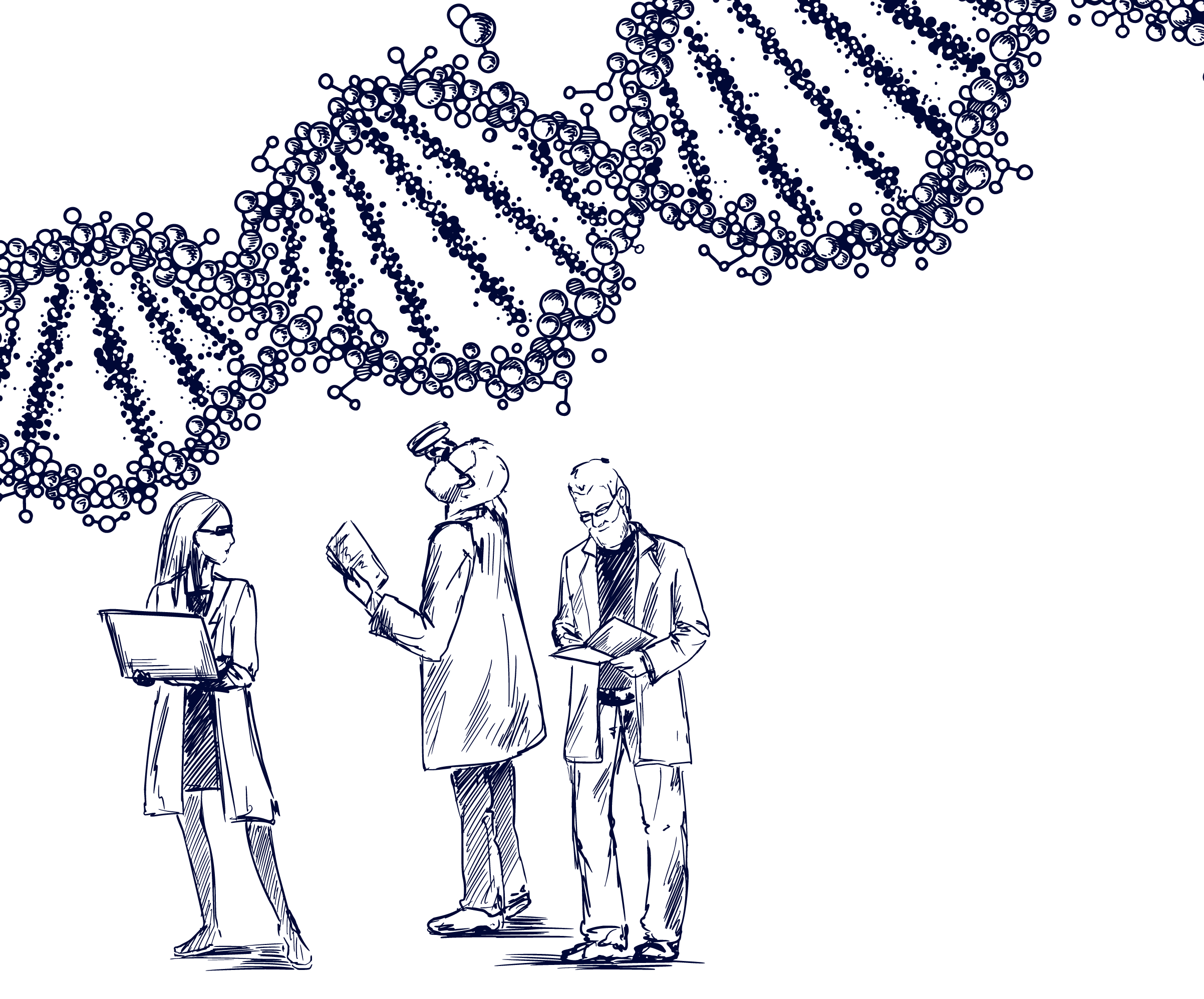 Getekende wetenschapppers kijken naar DNA-streng